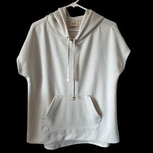 Elie Tahari Womens M Beige Ivory Short-Sleeve Hoodie Kangaroo Pocket Drawstrings
